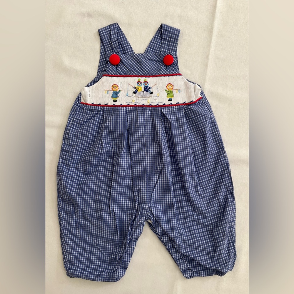 Beaux et Belles Blue Kids Overalls Longall Romper Ice Fishing Penguins Smocked